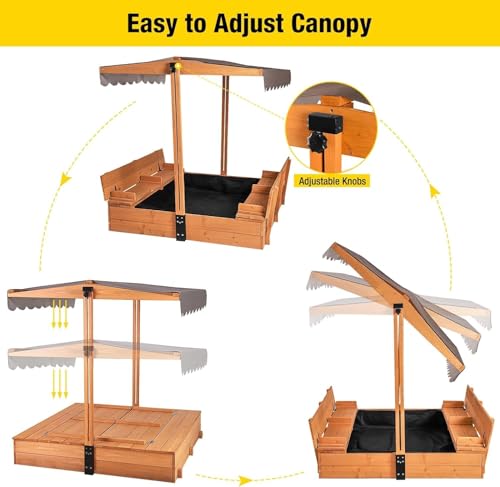 Wooden Sandbox with Retractable Canopy and Bench Seats