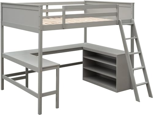 Full Loft Bed with Desk and Storage Shelves Bookcase High Loft Bed Frame Compatible