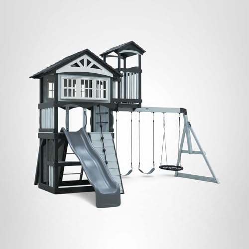 Cedar Wood Swing Set with Clubhouse and Wave Slide