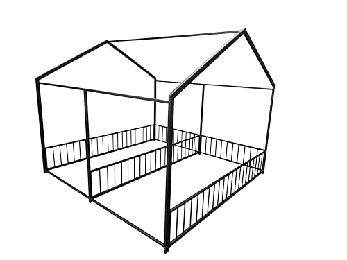 Double Twin House Floor Bed with Fence and Roof