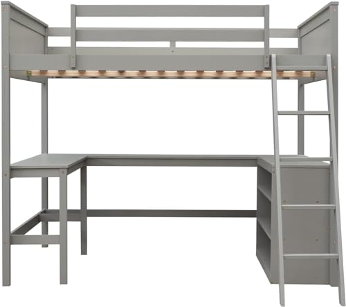 Full Loft Bed with Desk and Storage Shelves Bookcase High Loft Bed Frame Compatible