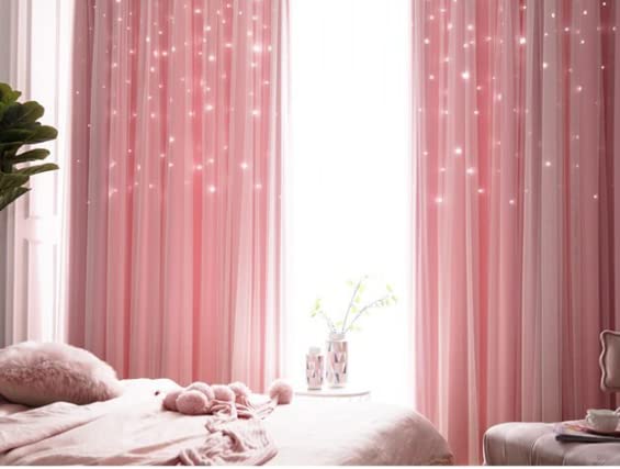 Pink Star Curtains for Girls Bedroom, Double Layer Kids Blackout Curtains