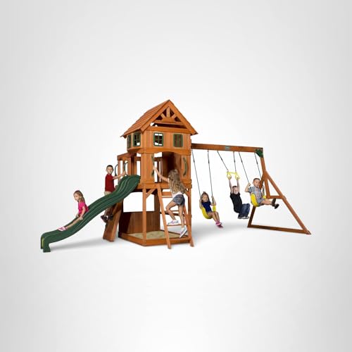 Cedar Wood Swing Set Outdoor Playset Clubhouse Wave Slide Rock Wall Trapeze