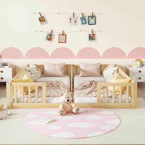 Montessori Floor Bed for 2 Kids with Fence Railings