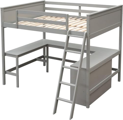 Full Loft Bed with Desk and Storage Shelves Bookcase High Loft Bed Frame Compatible