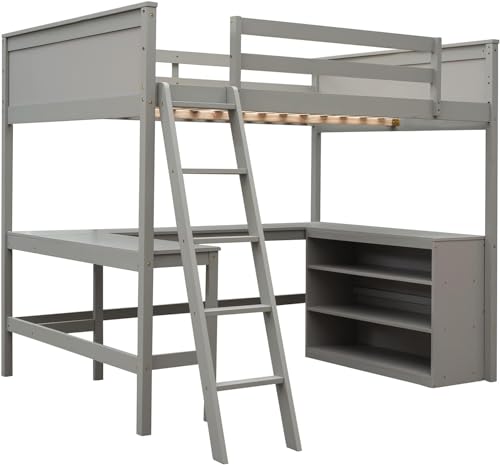 Full Loft Bed with Desk and Storage Shelves Bookcase High Loft Bed Frame Compatible