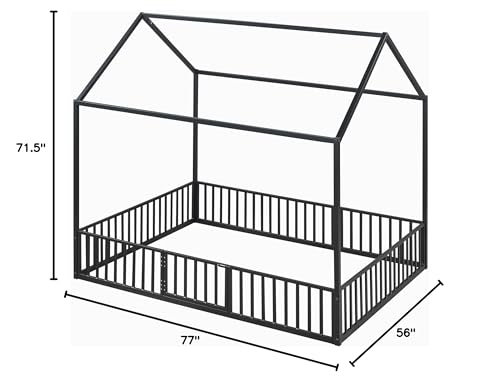 Metal Montessori Floor Bed Full Size with House Frame