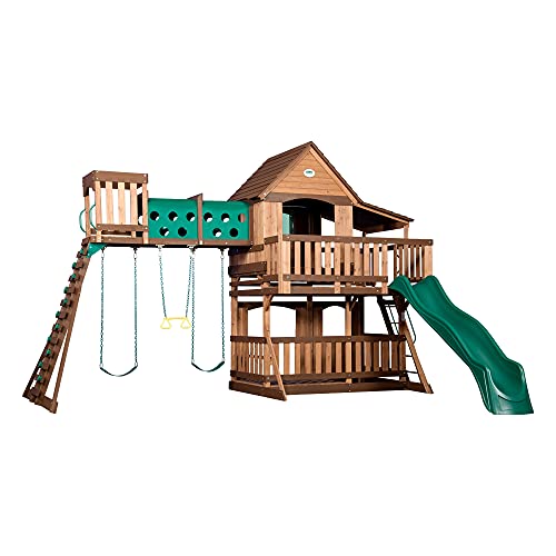Cedar Wood Swing Set with Clubhouse, Wave Slide, and Rock Wall - Outdoor Playset