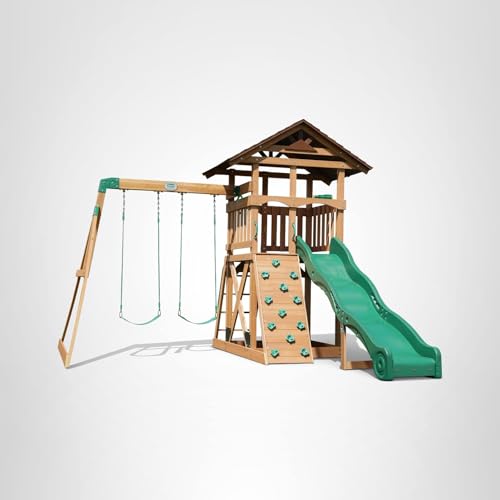 Cedar Wood Swing Set with Wave Slide Rock Wall Sandbox