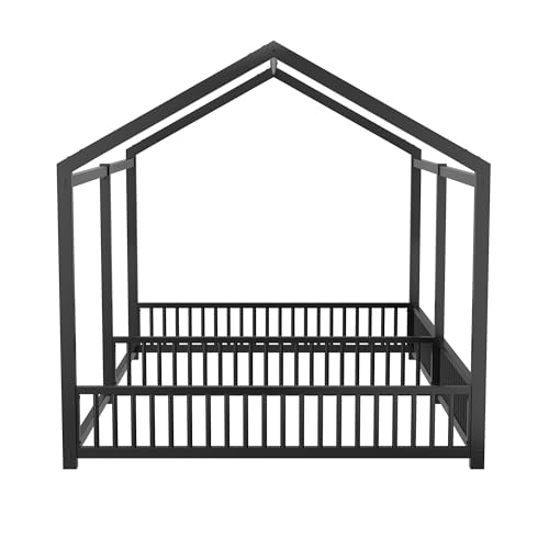 Double Twin House Floor Bed with Fence and Roof