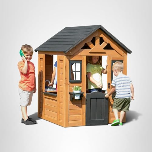 Cedar Wooden Kids Playhouse Cottage with Play Kitchen and Snack Bar