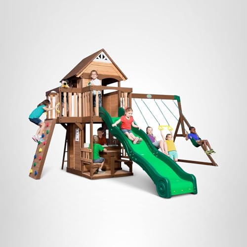 Cedar Wood Swing Set with Clubhouse and Wave Slide