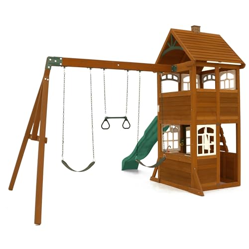 Wooden Outdoor Swing Set with Slide Rock Wall Clubhouse