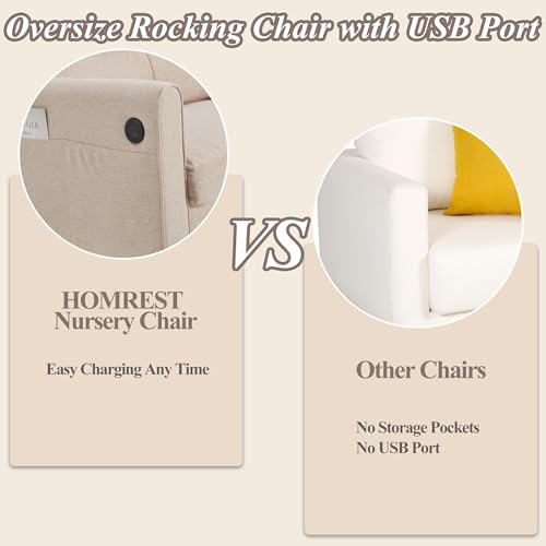 Oversized Nursery Rocking Chair with High Back and Side Pockets
