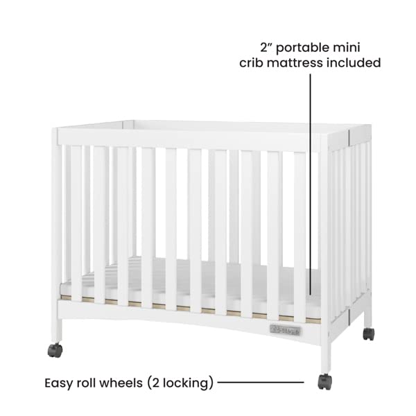 Mini Compact Folding Portable Crib with 2” Crib Mattress and 2 Easy Roll