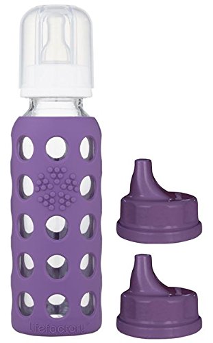 Glass Baby Bottle BPA Free 9 oz + Sippy Cap Set | Protective Silicone Sleeve | Kale
