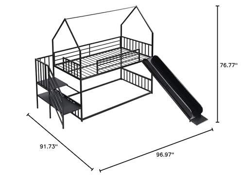 Metal Bunk Bed with Slide and Storage Stairs