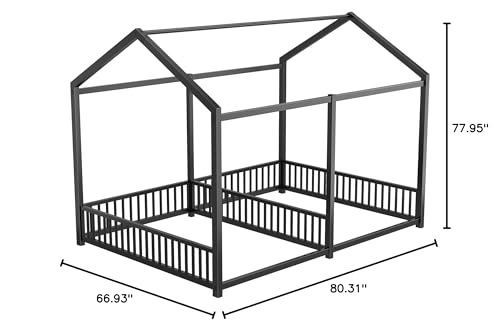 Double Twin House Floor Bed with Fence and Roof