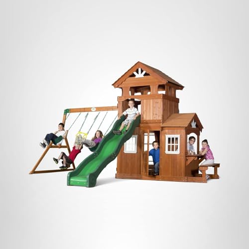 Cedar Wood Swing Set with Clubhouse and Wave Slide