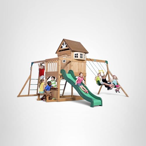 Cedar Wood Swing Set with Clubhouse and Wave Slide