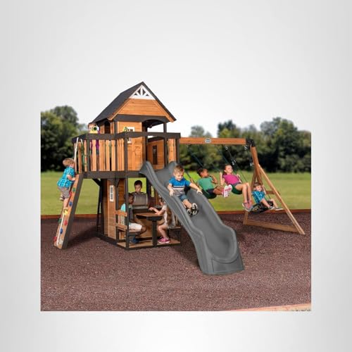 Cedar Wood Swing Set with Wave Slide, Clubhouse, Rock Wall, and Picnic Area for Kids Ages 3-10