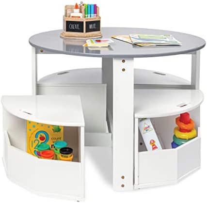 Toddler Table and Chair Set – Round Kids Activity Table With 4 Storage Stools
