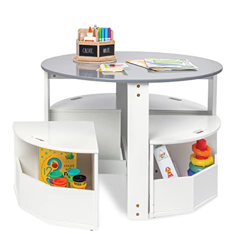 Toddler Table and Chair Set – Round Kids Activity Table With 4 Storage Stools