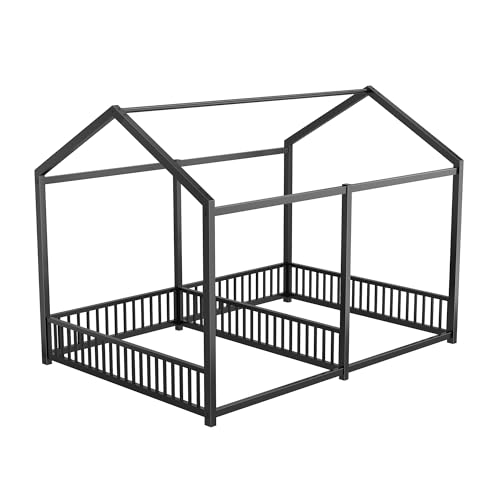 Double Twin House Floor Bed with Fence and Roof
