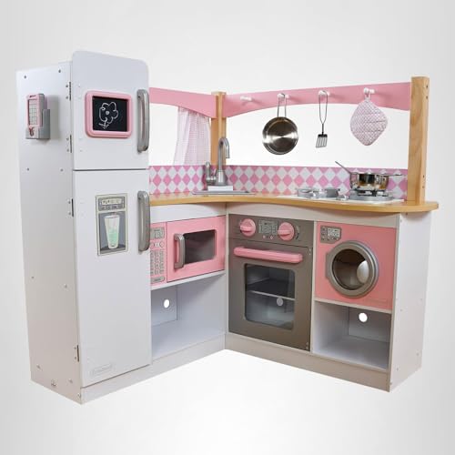 Corner Wooden Play Kitchen with Washer and Accessories