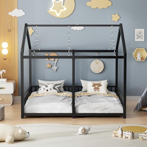 Double Twin House Floor Bed with Fence and Roof