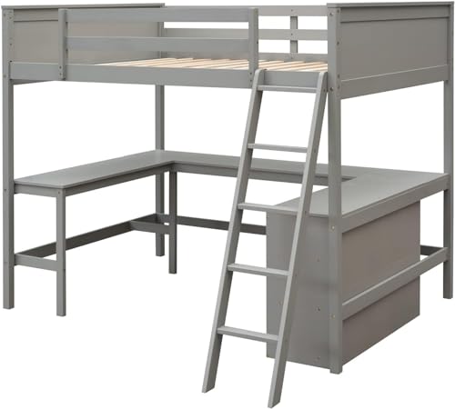 Full Loft Bed with Desk and Storage Shelves Bookcase High Loft Bed Frame Compatible