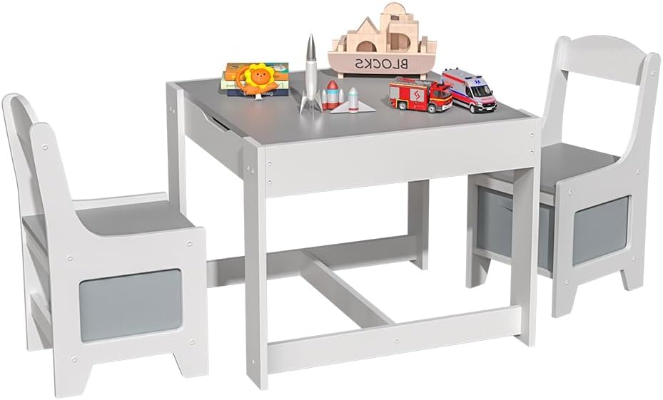 3 in 1 Kids Table and Chairs with Storage and Detachable Top