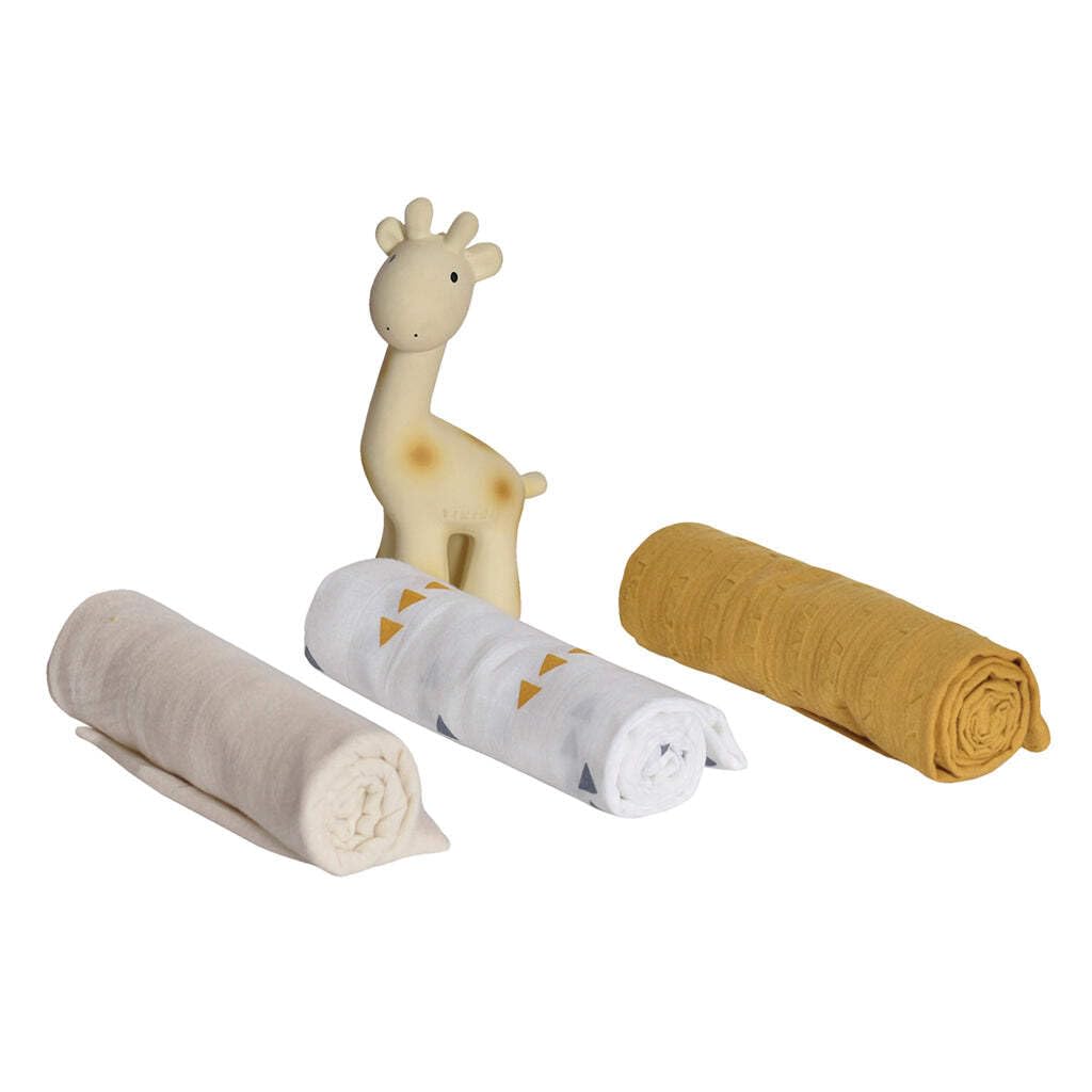 Three Muslin Squares with Giraffe Rubber Teether