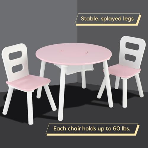 Wooden Round Table & 2 Chair Set with Storage