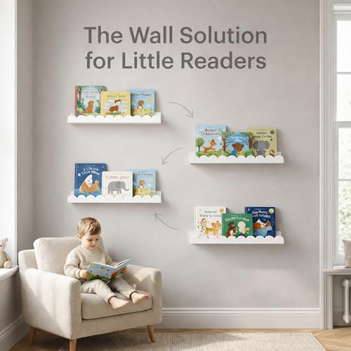 White Floating Shelves for Kids Room - 4 Pack