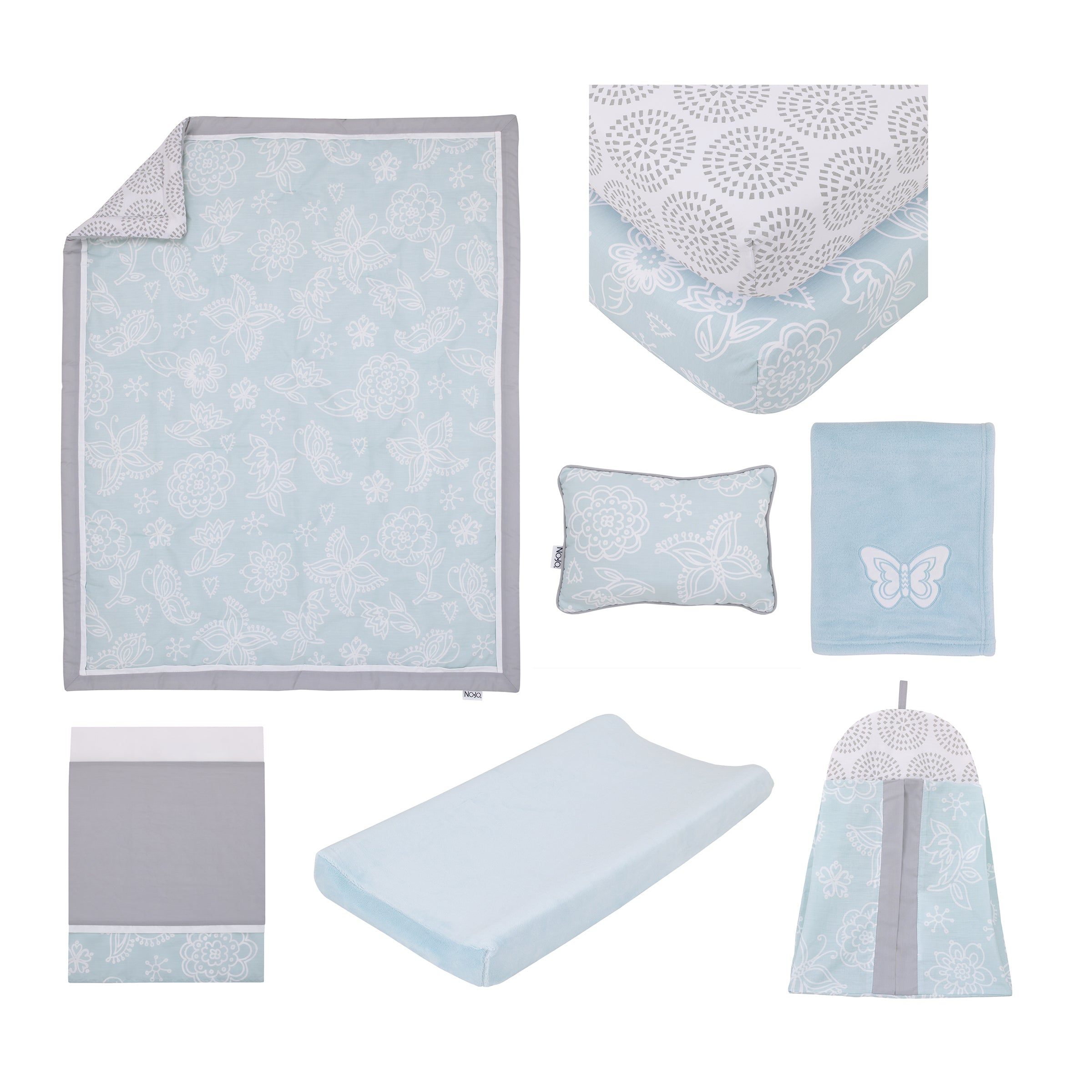 NoJo Dreamer Elephant Blue, Grey 8 Piece Nursery Crib Bedding Set