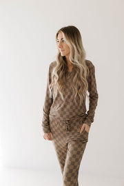 Women's Long Sleeve Bamboo Pajama | Faded Brown Checkerboard