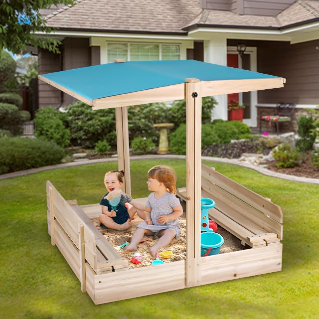 Sandbox with Lid and Cover for Kids Ages 3-8, Wooden Cabana Sand Box with Canopy