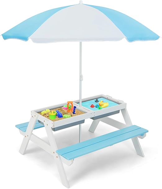 Kids Picnic Table, 4 in 1 Cedar Wooden Sand & Water Table w/ 3 Removable Box & Umbrella