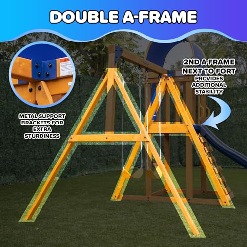 Wooden A-Frame Swing Set with Slide and Sandbox