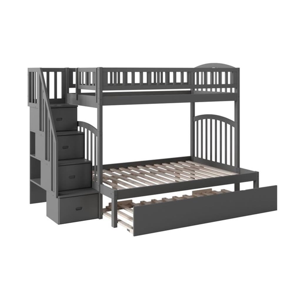Twin Over Full Bunk Bed of Wood with Trundle in Gray