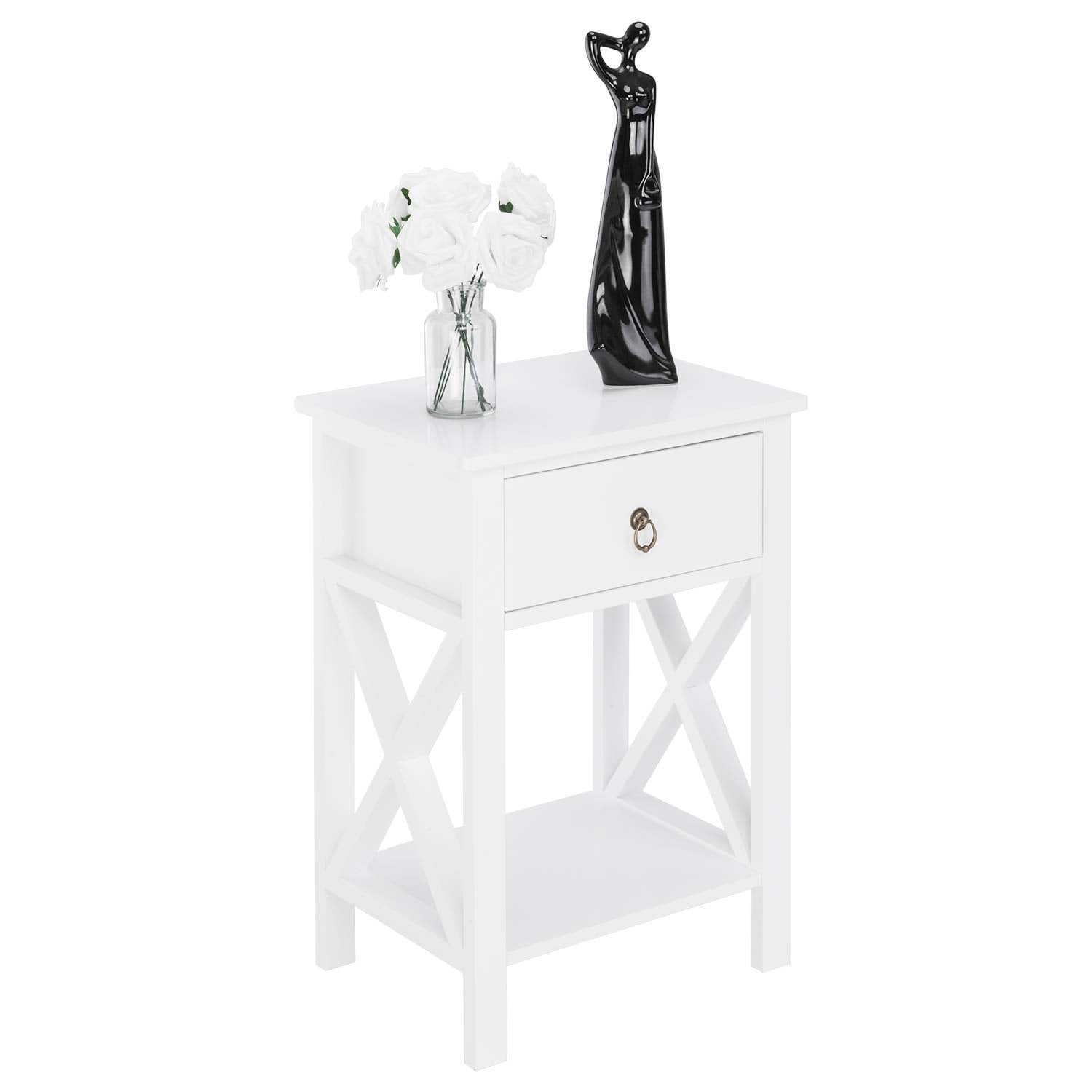 White Nightstand, Small Nightstand with Drawer & Shelf