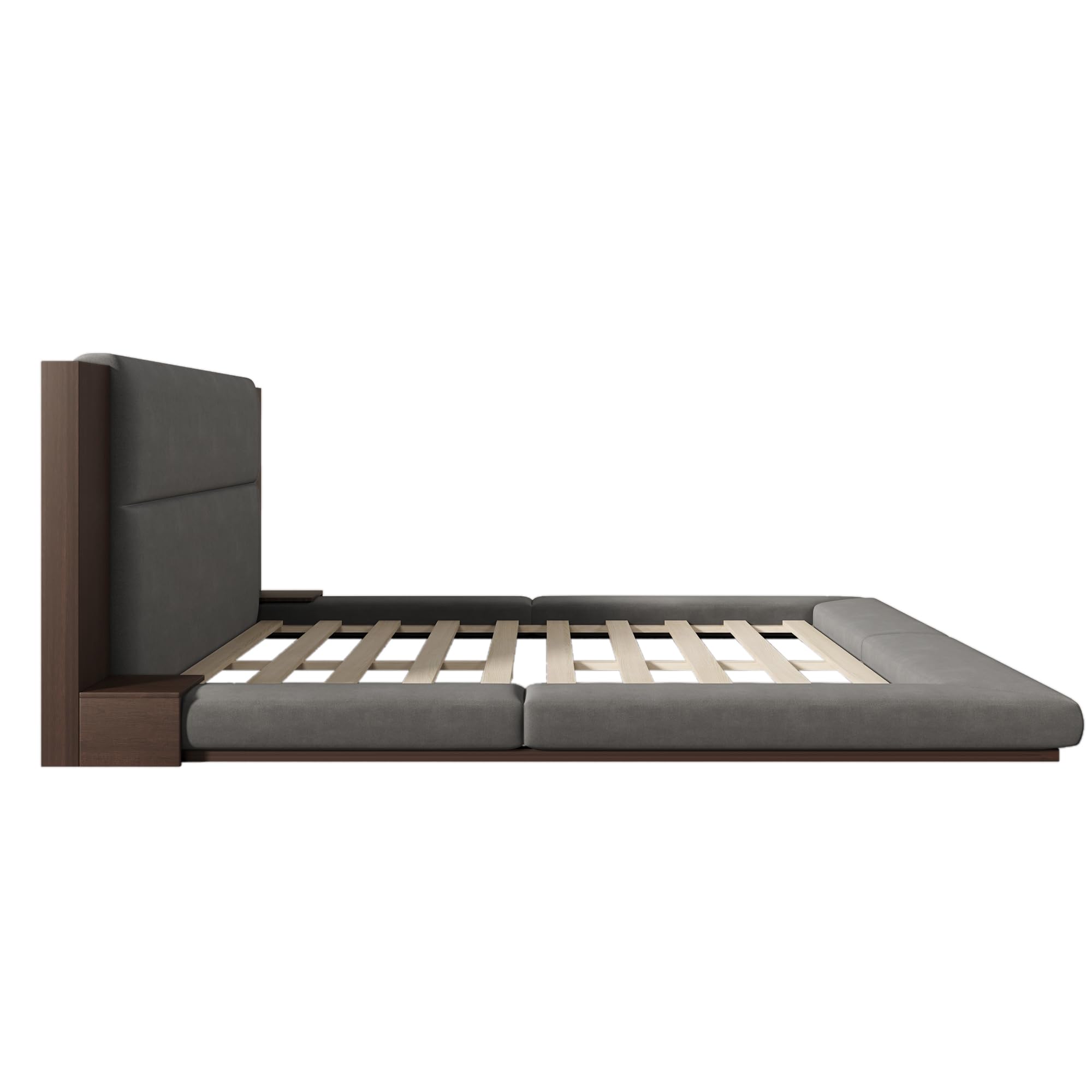 Velvet Floor Platform Bed Frame with Extended Headboard and Bedside Shelf