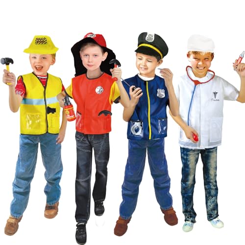4 Sets Dress Up Clothes for Kids, Pretend Dress Up Trunk of Firefighter