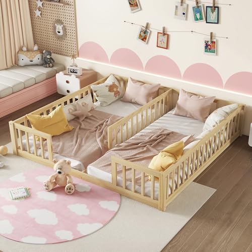 Montessori Floor Bed for 2 Kids with Fence Railings