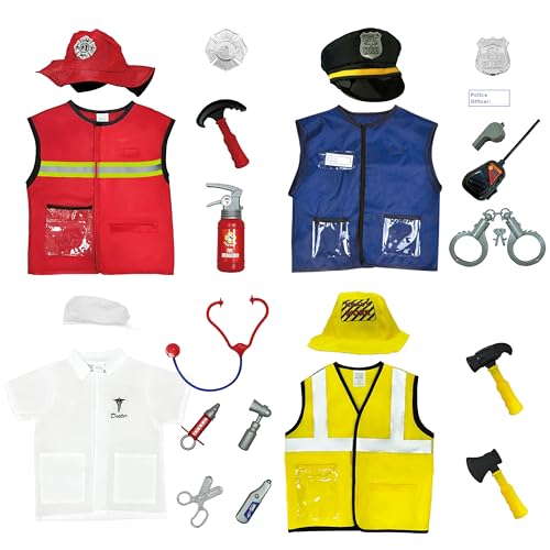 4 Sets Dress Up Clothes for Kids, Pretend Dress Up Trunk of Firefighter