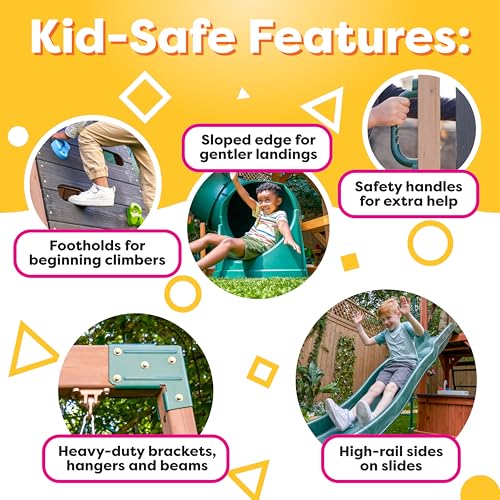 Wooden Outdoor Swing Set with Slide Rock Wall Clubhouse