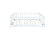 Full Size Floor Bed with Fence and Door,Rubber Wood Floor Bed w/Safety Guardrails/Near
