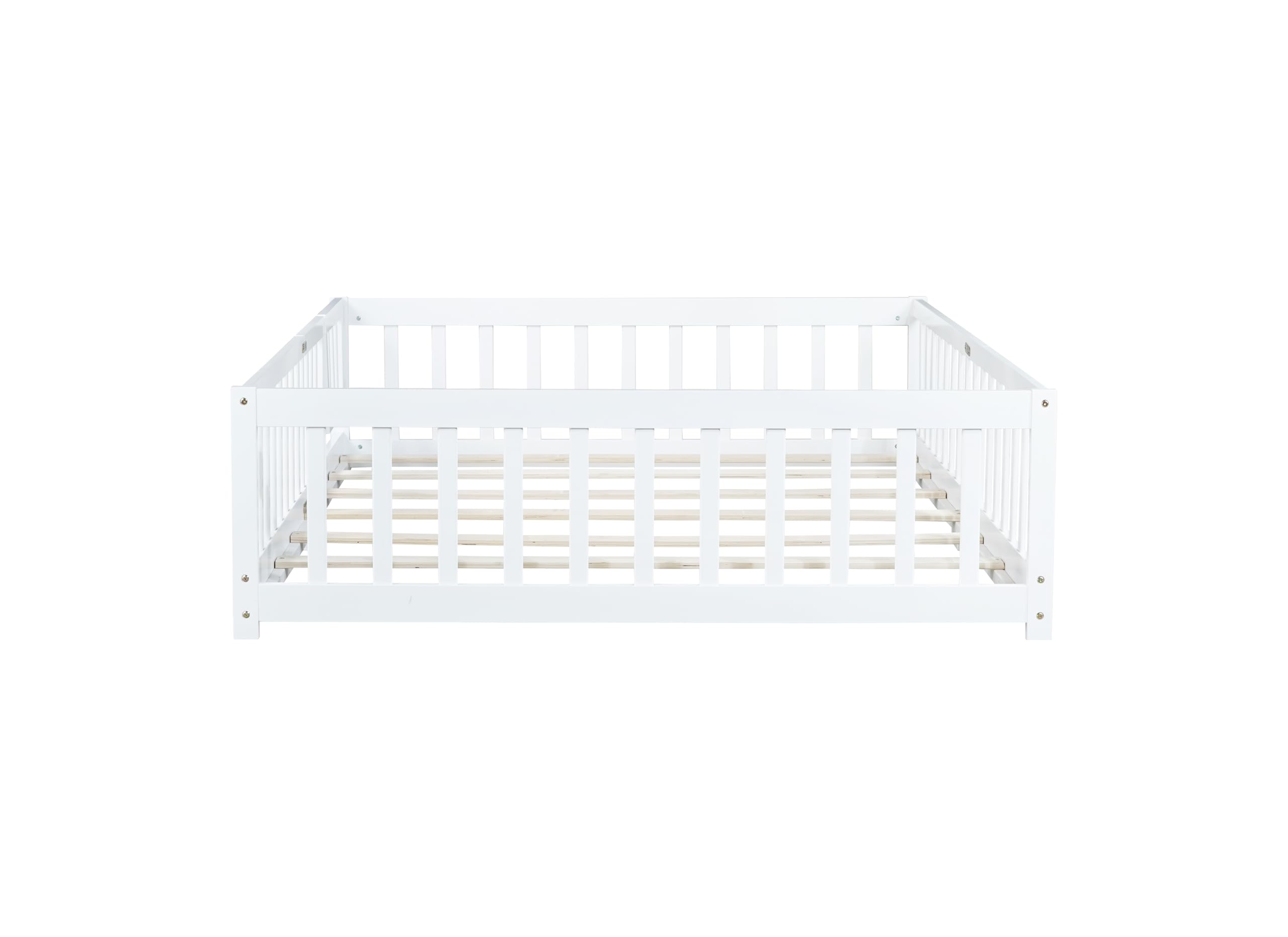 Full Size Floor Bed with Fence and Door,Rubber Wood Floor Bed w/Safety Guardrails/Near