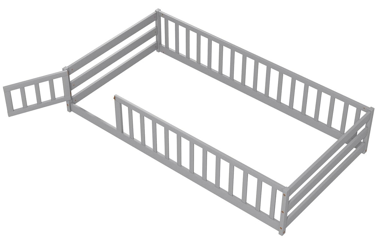 Twin Floor Bed with Door & Fence, Kids Wood Montessori Bed with Safety Guardrails